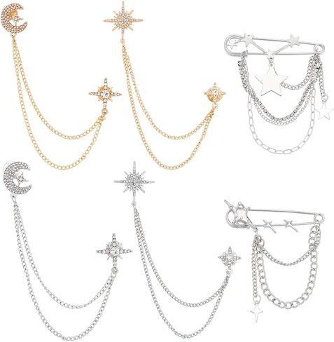 PLIGREAT 6 Pcs Rhinestone Tassel Brooch Pins, Crystal Sun Moon Layered Chain Silver Stars Safety Pins for Dress Suit Sweater Cardigan, Gold Silver in Kuwait