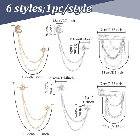PLIGREAT 6 Pcs Rhinestone Tassel Brooch Pins, Crystal Sun Moon Layered Chain Silver Stars Safety Pins for Dress Suit Sweater Cardigan, Gold Silver in Kuwait