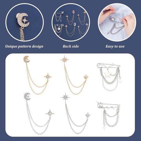 PLIGREAT 6 Pcs Rhinestone Tassel Brooch Pins, Crystal Sun Moon Layered Chain Silver Stars Safety Pins for Dress Suit Sweater Cardigan, Gold Silver in Kuwait
