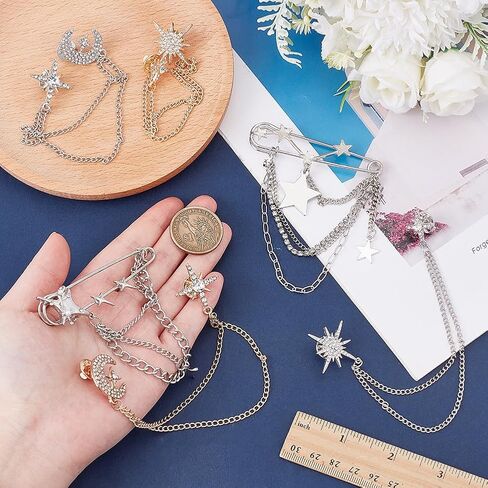 PLIGREAT 6 Pcs Rhinestone Tassel Brooch Pins, Crystal Sun Moon Layered Chain Silver Stars Safety Pins for Dress Suit Sweater Cardigan, Gold Silver in Kuwait