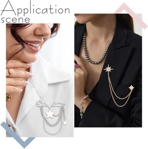 PLIGREAT 6 Pcs Rhinestone Tassel Brooch Pins, Crystal Sun Moon Layered Chain Silver Stars Safety Pins for Dress Suit Sweater Cardigan, Gold Silver in Kuwait