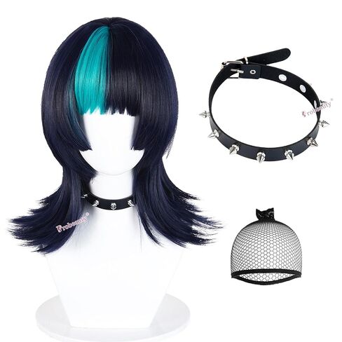 Probeauty Black Mixed Blue Wig with Choker Anime Cosplay Wig with Bangs for Halloween Costume Party in Saudi Arabia