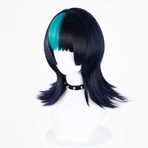Probeauty Black Mixed Blue Wig with Choker Anime Cosplay Wig with Bangs for Halloween Costume Party in Saudi Arabia