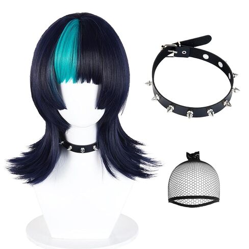 Probeauty Black Mixed Blue Wig with Choker Anime Cosplay Wig with Bangs for Halloween Costume Party in Saudi Arabia