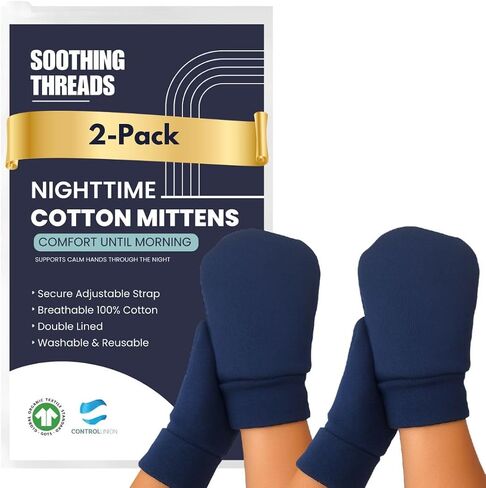 100% Organic Cotton Eczema Mittens for Adults – Anti-Scratch Nighttime Sleeping Gloves with Secure Adjustable Strap, Reusable & Washable – 1 Pair, S/M/L (Navy, Medium) in Kuwait