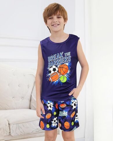 MyFav Boys Tank Top and Shorts with Pockets Pajamas Set Summer Sleeveless Sleepwear Cozy Lounge Set in Saudi Arabia