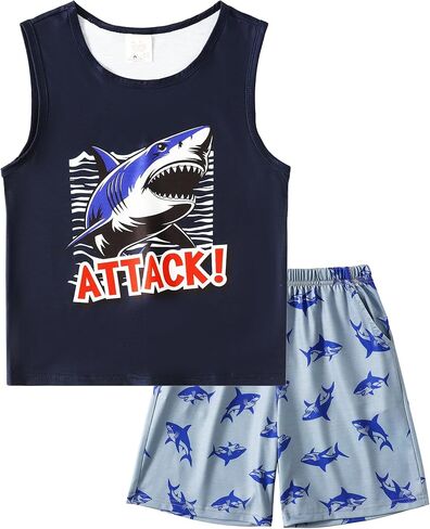 MyFav Boys Tank Top and Shorts with Pockets Pajamas Set Summer Sleeveless Sleepwear Cozy Lounge Set in Saudi Arabia