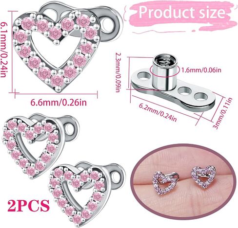 2pcs 14G Cubic Zirconia Heart Dermal Anchor Tops and Base Surgical Stainless Steel CZ Crystal Microdermals Body Piercings Studs Personalized Jewelry Gift for Women Men in Saudi Arabia