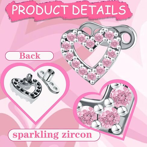 2pcs 14G Cubic Zirconia Heart Dermal Anchor Tops and Base Surgical Stainless Steel CZ Crystal Microdermals Body Piercings Studs Personalized Jewelry Gift for Women Men in Saudi Arabia