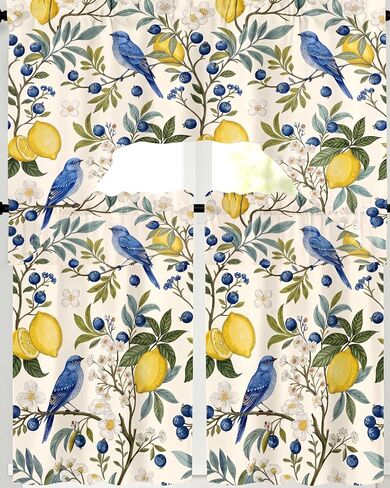 Breling 3 Pcs Retro Lemon Hummingbird Floral Kitchen Curtains Valance Set Blue Yellow Lemon Blackout Tiers Windows Curtains for Kitchen Bedroom Living Room Decor 60 x 36 Valance, 36 x 30 Tier in Saudi Arabia