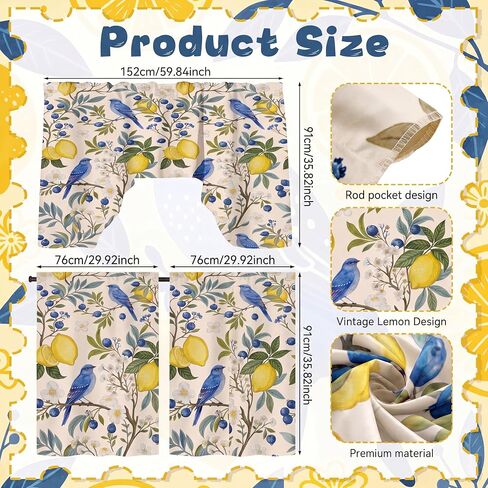 Breling 3 Pcs Retro Lemon Hummingbird Floral Kitchen Curtains Valance Set Blue Yellow Lemon Blackout Tiers Windows Curtains for Kitchen Bedroom Living Room Decor 60 x 36 Valance, 36 x 30 Tier in Saudi Arabia