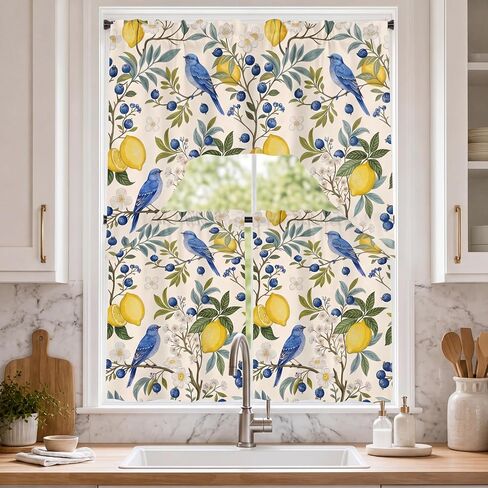Breling 3 Pcs Retro Lemon Hummingbird Floral Kitchen Curtains Valance Set Blue Yellow Lemon Blackout Tiers Windows Curtains for Kitchen Bedroom Living Room Decor 60 x 36 Valance, 36 x 30 Tier in Saudi Arabia