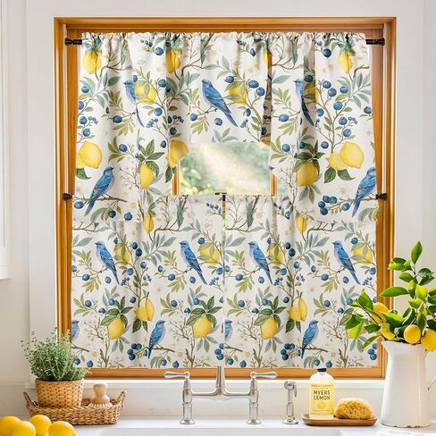 Breling 3 Pcs Retro Lemon Hummingbird Floral Kitchen Curtains Valance Set Blue Yellow Lemon Blackout Tiers Windows Curtains for Kitchen Bedroom Living Room Decor 60 x 36 Valance, 36 x 30 Tier in Saudi Arabia