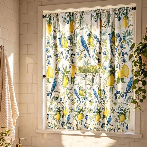 Breling 3 Pcs Retro Lemon Hummingbird Floral Kitchen Curtains Valance Set Blue Yellow Lemon Blackout Tiers Windows Curtains for Kitchen Bedroom Living Room Decor 60 x 36 Valance, 36 x 30 Tier in Saudi Arabia