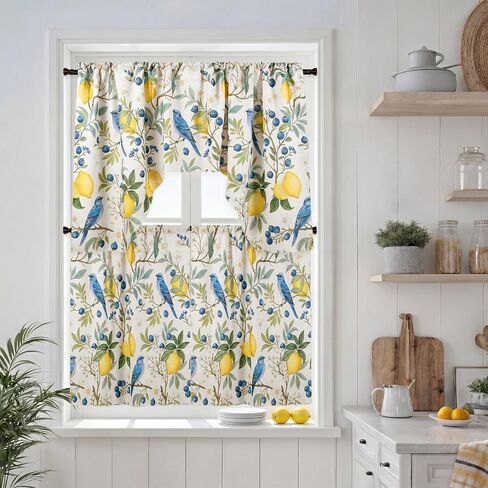 Breling 3 Pcs Retro Lemon Hummingbird Floral Kitchen Curtains Valance Set Blue Yellow Lemon Blackout Tiers Windows Curtains for Kitchen Bedroom Living Room Decor 60 x 36 Valance, 36 x 30 Tier in Saudi Arabia