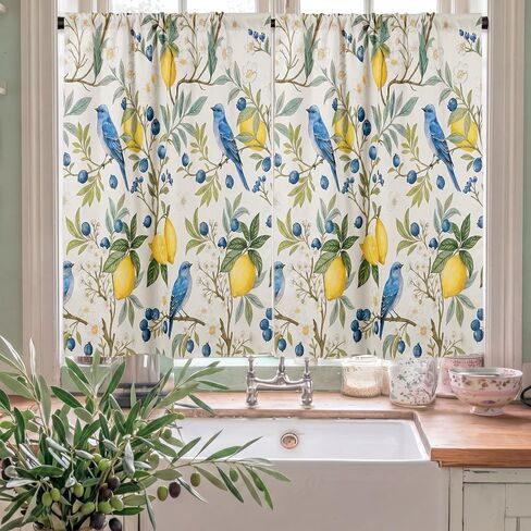 Breling 3 Pcs Retro Lemon Hummingbird Floral Kitchen Curtains Valance Set Blue Yellow Lemon Blackout Tiers Windows Curtains for Kitchen Bedroom Living Room Decor 60 x 36 Valance, 36 x 30 Tier in Saudi Arabia