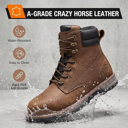 NINGO Steel Toe Work Boots for Men, Water Resistant Crazy Horse Leather Safety Construction Boots, Comfortable Lightweight Non Slip Work Shoes with EH Protection Arch Support for Industrial Warehouse in Saudi Arabia