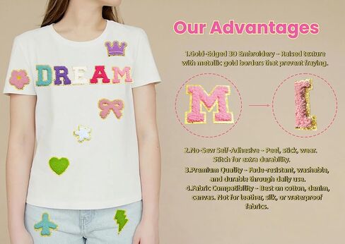 200PCS Self-Adhesive Chenille Patches, Gold Edged Alphabet Letters & 70 Shapes for Clothing, Jackets, Bags - No Sew DIY Crafts (Flower, Star, Heart, Multicolor) (200) in Kuwait