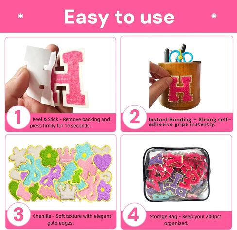 200PCS Self-Adhesive Chenille Patches, Gold Edged Alphabet Letters & 70 Shapes for Clothing, Jackets, Bags - No Sew DIY Crafts (Flower, Star, Heart, Multicolor) (200) in Kuwait