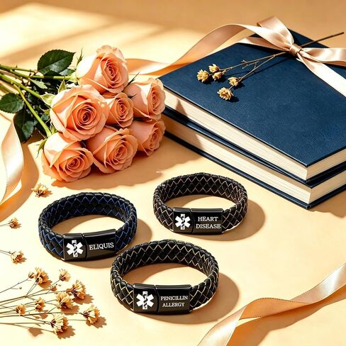 Medical ID Bracelet, Personalized Engraved or Updatable Dynamic QR Code Medical Alert Bracelet, Braided Leather Bracelet with Stainless Steel ID Tag, Emergency Contact Jewelry in Saudi Arabia