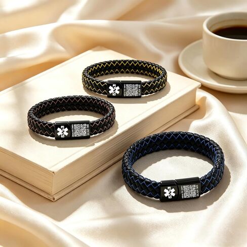 Medical ID Bracelet, Personalized Engraved or Updatable Dynamic QR Code Medical Alert Bracelet, Braided Leather Bracelet with Stainless Steel ID Tag, Emergency Contact Jewelry in Saudi Arabia