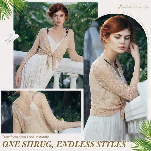 Women's Sheer Shrug 3/4 Tie Front Bolero Sleeve Summer Cover Up Lightweight Mesh Knit Cardigan for Party & Daily in Kuwait