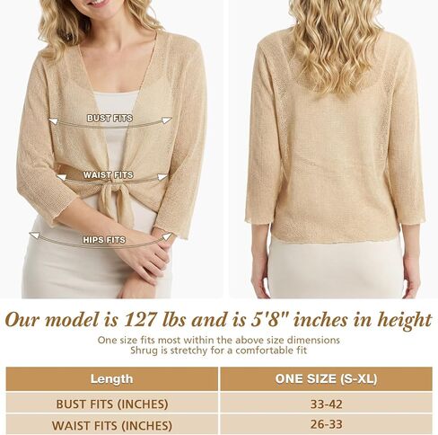 Women's Sheer Shrug 3/4 Tie Front Bolero Sleeve Summer Cover Up Lightweight Mesh Knit Cardigan for Party & Daily in Kuwait