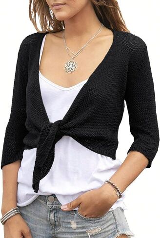 Womens 3/4 Sleeve Cropped Cardigan Tie Front Wrap Tops Knit Shrugs Solid Cardigans Sweaters in Kuwait