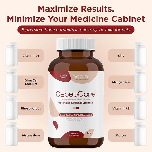 OsteoCore - Calcium Supplements for Women (1 Month Supply) Osteoporosis & Bone Health - Calcium Absorption - Vitamin D3 & Vitamin K2 Complex - Gluten Free, Non GMO, Made in USA by Heale - 120 Tablets in Saudi Arabia