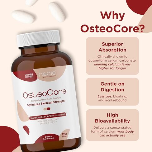 OsteoCore - Calcium Supplements for Women (1 Month Supply) Osteoporosis & Bone Health - Calcium Absorption - Vitamin D3 & Vitamin K2 Complex - Gluten Free, Non GMO, Made in USA by Heale - 120 Tablets in Saudi Arabia