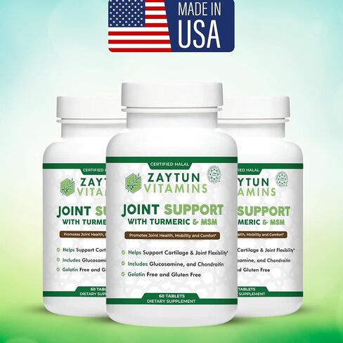Zaytun Halal Joint Support with Turmeric + Glucosamine, Promotes Joint Health, Flexibility and Supports Mobility, 1 Month Supply, No Gluten, No Gelatin, Made in USA - Halal Vitamins in Saudi Arabia
