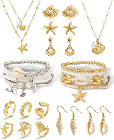 23 Pcs Beach Jewelry Set for Women Seashell Starfish Pearl Layer Necklace Bracelet Rings Earrings Boho Summer Vacation Beach Accessories Set Seashell Starfish Jewelry in Kuwait