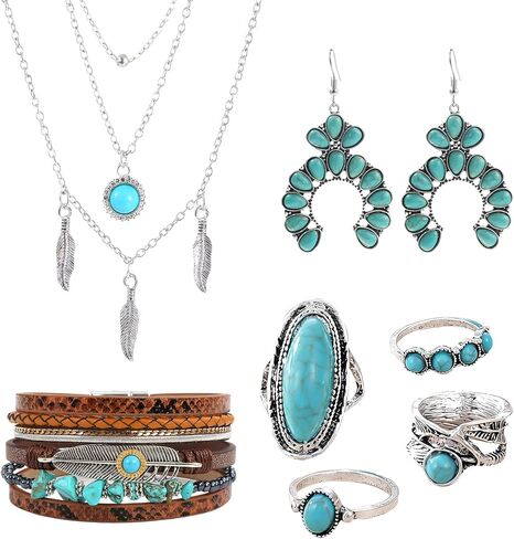 Western Jewelry Sets for Women Boho Jewelry, Layer Bohemian Necklace Earrings Bracelet, Cowgirl Accessory Rodeo Summer Beach in Kuwait