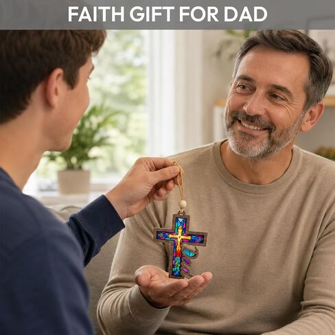 Jesus Cross Dad Suncatcher, Religious for Dads, Grandpa, Faithful Fathers Day Ornaments, Unique Christian Gifts for Men, Catholic Decor for Window Hanging, Car Mirror in Kuwait