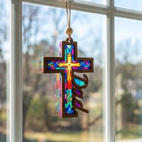Jesus Cross Dad Suncatcher, Religious for Dads, Grandpa, Faithful Fathers Day Ornaments, Unique Christian Gifts for Men, Catholic Decor for Window Hanging, Car Mirror in Kuwait