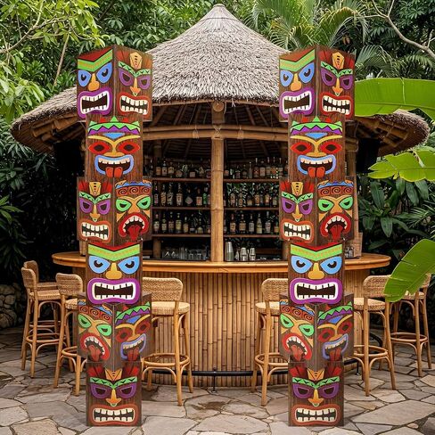 12 قطعة من ديكورات حفلات Luau Tiki Totem Pole ديكور عمود بطاقات بارتفاع 68.8 بوصة ثلاثي الأبعاد لحفلات أعياد ميلاد هاواي لواو والمنزل الخارجي والداخلي ديكور استوائي (4 جوانب) in Kuwait