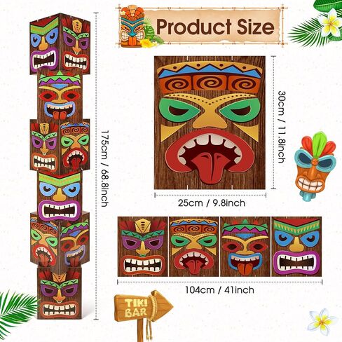 12 قطعة من ديكورات حفلات Luau Tiki Totem Pole ديكور عمود بطاقات بارتفاع 68.8 بوصة ثلاثي الأبعاد لحفلات أعياد ميلاد هاواي لواو والمنزل الخارجي والداخلي ديكور استوائي (4 جوانب) in Kuwait