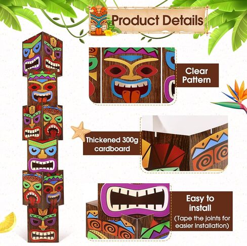 12 قطعة من ديكورات حفلات Luau Tiki Totem Pole ديكور عمود بطاقات بارتفاع 68.8 بوصة ثلاثي الأبعاد لحفلات أعياد ميلاد هاواي لواو والمنزل الخارجي والداخلي ديكور استوائي (4 جوانب) in Kuwait