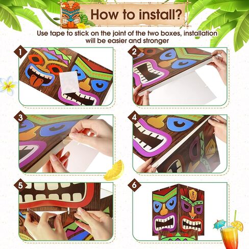12 قطعة من ديكورات حفلات Luau Tiki Totem Pole ديكور عمود بطاقات بارتفاع 68.8 بوصة ثلاثي الأبعاد لحفلات أعياد ميلاد هاواي لواو والمنزل الخارجي والداخلي ديكور استوائي (4 جوانب) in Kuwait