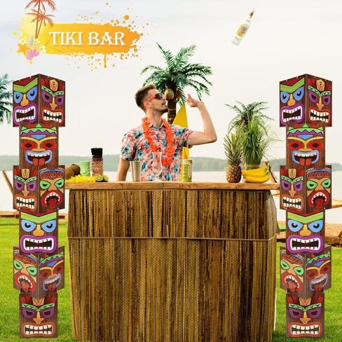 12 قطعة من ديكورات حفلات Luau Tiki Totem Pole ديكور عمود بطاقات بارتفاع 68.8 بوصة ثلاثي الأبعاد لحفلات أعياد ميلاد هاواي لواو والمنزل الخارجي والداخلي ديكور استوائي (4 جوانب) in Kuwait