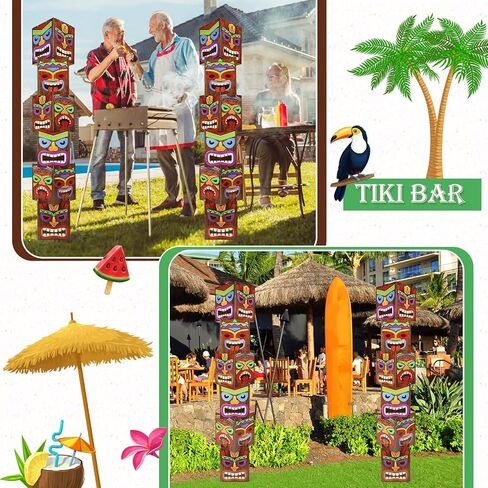 12 قطعة من ديكورات حفلات Luau Tiki Totem Pole ديكور عمود بطاقات بارتفاع 68.8 بوصة ثلاثي الأبعاد لحفلات أعياد ميلاد هاواي لواو والمنزل الخارجي والداخلي ديكور استوائي (4 جوانب) in Kuwait