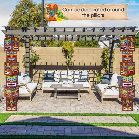 12 قطعة من ديكورات حفلات Luau Tiki Totem Pole ديكور عمود بطاقات بارتفاع 68.8 بوصة ثلاثي الأبعاد لحفلات أعياد ميلاد هاواي لواو والمنزل الخارجي والداخلي ديكور استوائي (4 جوانب) in Kuwait