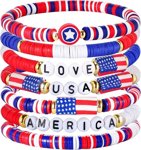 Mysense 250 Anniversary USA Merchandise, 7 Pack Patriotic Red White & Blue Beaded American Flag Bracelets, Perfect for 4th of July Outfits & Accessories for Women, Men and Teens in Saudi Arabia