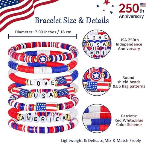 Mysense 250 Anniversary USA Merchandise, 7 Pack Patriotic Red White & Blue Beaded American Flag Bracelets, Perfect for 4th of July Outfits & Accessories for Women, Men and Teens in Saudi Arabia