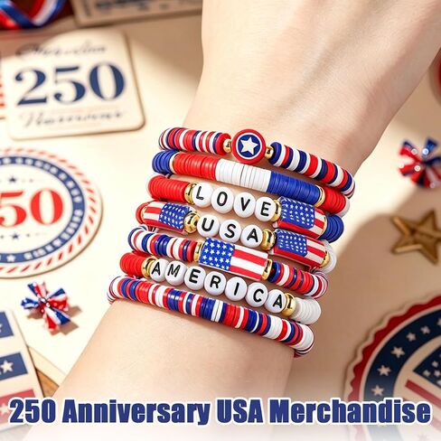 Mysense 250 Anniversary USA Merchandise, 7 Pack Patriotic Red White & Blue Beaded American Flag Bracelets, Perfect for 4th of July Outfits & Accessories for Women, Men and Teens in Saudi Arabia