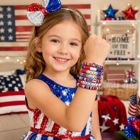 Mysense 250 Anniversary USA Merchandise, 7 Pack Patriotic Red White & Blue Beaded American Flag Bracelets, Perfect for 4th of July Outfits & Accessories for Women, Men and Teens in Saudi Arabia