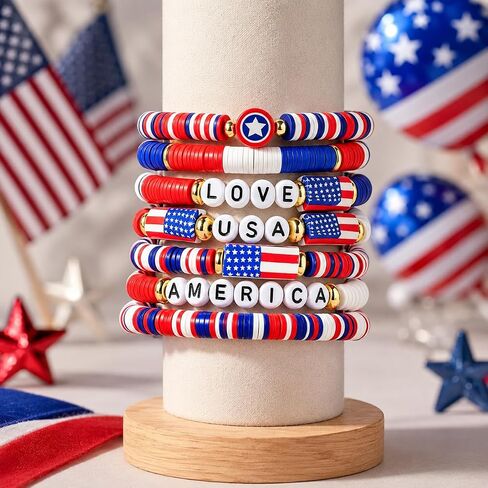 Mysense 250 Anniversary USA Merchandise, 7 Pack Patriotic Red White & Blue Beaded American Flag Bracelets, Perfect for 4th of July Outfits & Accessories for Women, Men and Teens in Saudi Arabia