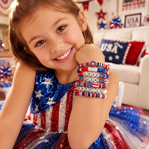Mysense 250 Anniversary USA Merchandise, 7 Pack Patriotic Red White & Blue Beaded American Flag Bracelets, Perfect for 4th of July Outfits & Accessories for Women, Men and Teens in Saudi Arabia