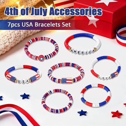 Mysense 250 Anniversary USA Merchandise, 7 Pack Patriotic Red White & Blue Beaded American Flag Bracelets, Perfect for 4th of July Outfits & Accessories for Women, Men and Teens in Saudi Arabia