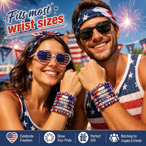 Mysense 250 Anniversary USA Merchandise, 7 Pack Patriotic Red White & Blue Beaded American Flag Bracelets, Perfect for 4th of July Outfits & Accessories for Women, Men and Teens in Saudi Arabia